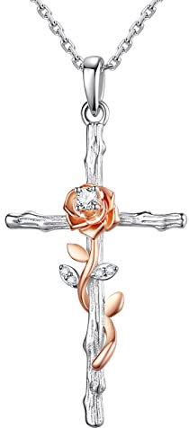 FOREVER QUEEN Collier Croix Argent Sterling 925 Collier de Fleurs de Rose Chaîne ajustable Collier pour femme petite amie épouse maman elle