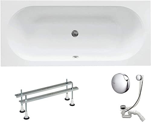 VBChome Acryl Badewanne 160x75 cm Weiß Rechteck Wanne Siphon Wannenfüße Design Modern Ablaufgarnitur in Chrom