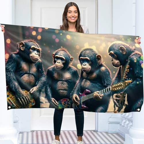 Monkey Rock Band – Groß Lustige Flagge – Beidseitiger Druck – 110D Polyester – Doppelnaht – 2 Messingösen, groß 90x150 cm (5 x 3 Fuß)