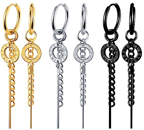 feilok 3 Paar Ohrringe Edelstahl Kreis Kette Rom Creolen Dangle Ohrringe für Männer Damen
