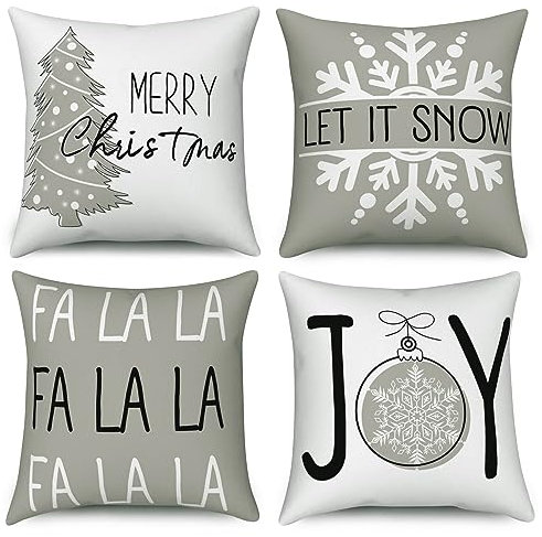 Hnmdmyi Kissenbezug Weihnachten 45x45 4er Set, Weihnachtsbaum Lassen Sie es Schneien FA La La Freude Grau Winter Urlaub Dekorative Kissenbezüge Leinen Kissenhülle für Sofa Couch Outdoor Home Decor