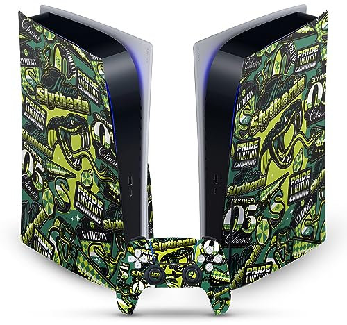 Head Case Designs Offizielle Harry Potter Slytherin Muster Grafiken Vinyl Frontplatte Haut Gaming Aufkleber kompatibel mit Sony PlayStation 5 PS5 Disc Edition Console & DualSense Controller