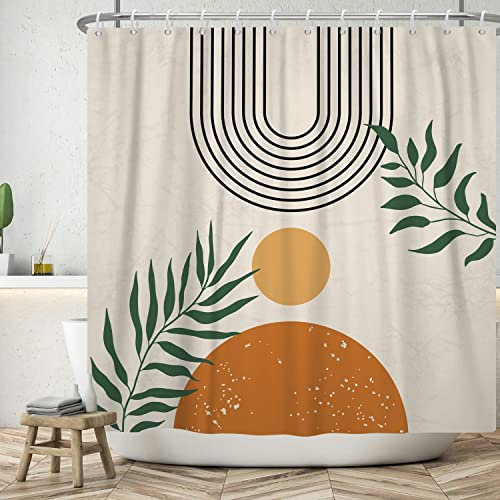 ASDCXZ Boho Shower Curtain 180x180 cm, Modern Abstract Art Green Leaves Orange Sun Line Beige Bath Washable Shower Curtains Polyester Textile Waterproof Bath Curtain for Bathtub with 12 Hooks