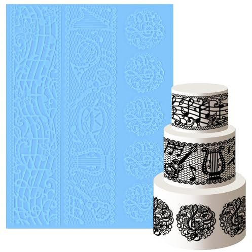 Groß Spitze Fondant Silikonform 3 Reihen Silikonmatte für Essbare Tortendeko Bordüren Musiknoten 30x40cm