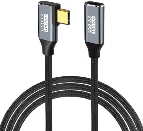 GELRHONR 90 Degree Elbow USB C Extension Cable, 10Gbps USB3.2 Gen2 Cable, Right Angle Type C Male to Female Extender 100W/5A Fast Charging Nylon Braided Cord for USB C Devices (2M/6.5Ft)
