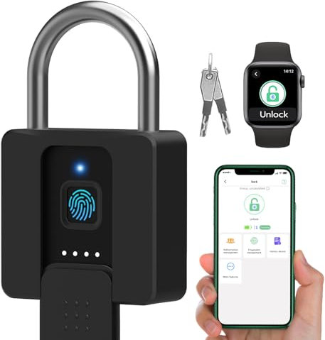 Cadenas à empreintes digitales avec clé de secours, cadenas intelligent Eseesmart avec application Bluetooth à empreintes digitales, robuste et étanche pour portails extérieurs, entrepôts, piscine