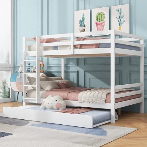 KecDuey Literas de 140 x 200 cm, camas infantiles, literas con cama nido de 90 x 190 cm, barandilla alta, escalera estable y somier de láminas (blanco con cama nido), WX000813