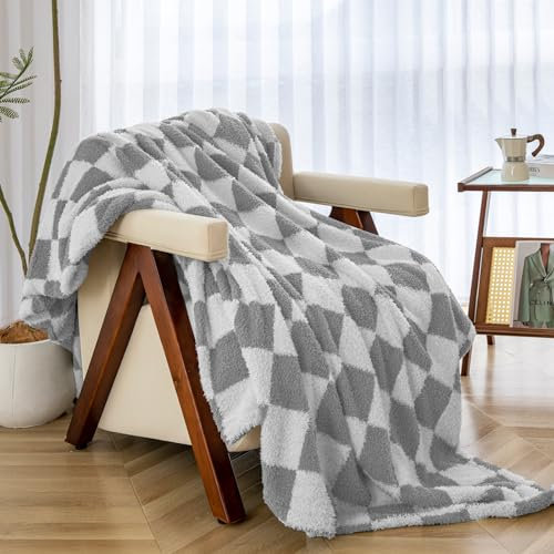 LURKA Karierte Bettüberwurfdecke – weiche, gemütliche, flauschige Überwurfdecken für Couch, Sofa, Stuhl, Bett, Picknick, Reisen – leicht und warm (grau, Überwurf (127 x 152,4 cm)
