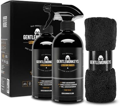 GENTLEMONKEYS Lederreiniger Set (500ml Leder Reiniger + Microfasertuch + 500ml Nachfüllflasche) • Lederpflege Set für Glattlederoberflächen • Extrem materialverträglich und biologisch abbaubar