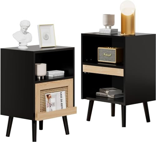 UEV Nachttisch 2er Set Rattan, Nachtkommode mit Füße, Sofatisch mit Beine, Nachtschank im Boho-Stil, Beistelltisch für Wohnzimmer Schlafzimmer, 40 x 30 x 60cm, Schwarz