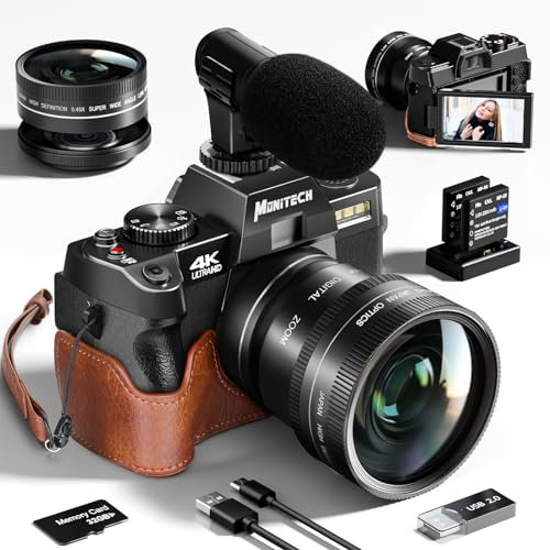 Digitalkamera für Fotografie und Video, 4K 48MP Vlogging Kamera für YouTube mit 180° Flip Screen, 16X Digitalzoom, 52mm Weitwinkel, Lederhalterung & Riemen, 2 Batterien, 32GB TF Karte(S100,DPT) Black