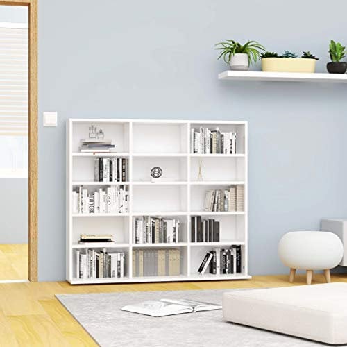 Homgoday Glossy White CD Cabinet 102 x 23 x 89.5 cm Chipboard, CD Tower with Open Compartments, Storage Unit CD and DVD Shelf for Living Room, Bedroom, Office