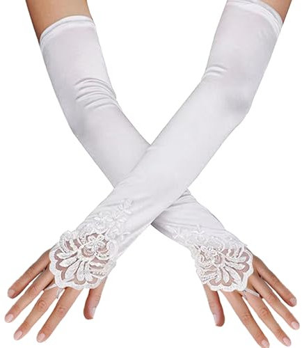 Lufdegim Lange Fingerlose Damen Handschuhe - 42cm Retro Spitze Satin 1920 Elastisch für Opern, Tanz, Hochzeit, Party - Elegant (Weiß)
