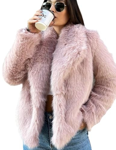 Yimoon Cappotto da donna in pelliccia sintetica con risvolto aperto sul davanti, soffice giacca a pelo lungo invernale caldo cappotto peloso | Colletto con risvolto, bottone a pressione, oversize, manica lunga, cappotto peloso corto, jaket corto
