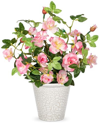 Briful 24CM Artificial Camellia Roses in Pot with Crack Pattern, 9.4 Pink Artificial Flowers for Decoration, Silk Flowers Faux Camellia Rose for Home Kitchen Bathroom Decorations