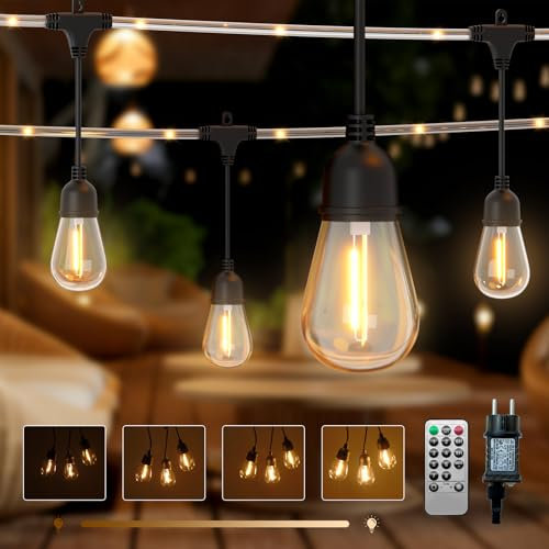KINRECELL LED-Lichterkette mit Fernbedienung 8 Modi warmweiß einstellbares Außenlichtband für Terrasse, Balkon, Gartenlaube, Patio, Markise, Hochzeitsparty [Energieklasse E]