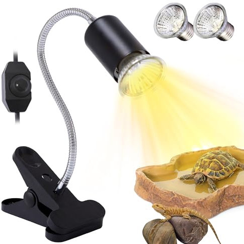 Yiukou Lampada Termica per Tartarughe, Temperatura Regolabile, con 2 Lampadine Alogene da 50 W Uva Uvb, Lampada Per Rettili e Anfibi, Luce Gialla