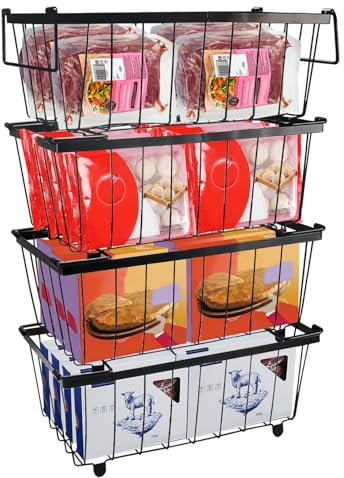 Organizer per Congelatore, 4 pezzi Cestino per Congelatore, Cestini Congelatore Pozzetto Cestino Congelatore, Impilabile per Risparmiare Spazio, per la Conservazione degli Alimenti in Freezer (nero)