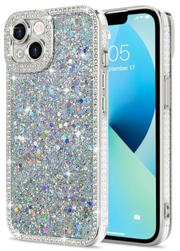 Lafunda for iPhone 13 Case for Womens Girls, Luxury Bling Glitter Diamond Crystal Festival Shiny Case Camera Protection Shockproof Silicone TPU Phone Cover for iPhone 13 6.1, Silver