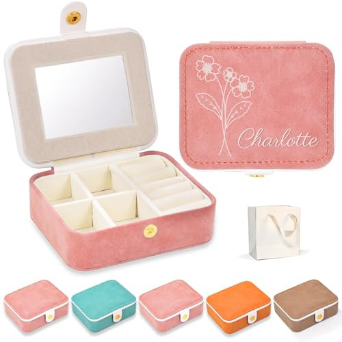 WASHNN Personalisierte Schmuckschatulle, Reise-Schmuckkästchen, PU Kleine Schmuckschatulle, Reise-Mini-Schmuckkästchen, geeignet für Ringe, Ohrringe, Armbänder, Halsketten (Rechteckig rosa)