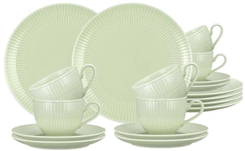 Seltmann Weiden Amina Kaffeeservice 18-teilig, Kaffeetassen mit Untertassen (250 ml) und Frühstücksteller (23 cm) für 6 Personen, Geschirr-Set mit dezentem Relief-Muster, Porzellan, Seladon