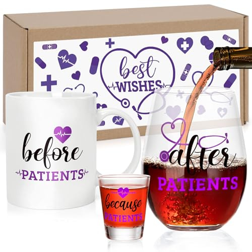 Rhdekoein Before Patients After Patients Set Nursing Gifts 11 oz Coffee Mug 18 oz Stemless Wine Glass 2 oz Shot Glass for Doctor's Day Pediatrician Physician Graduation Birthday Nurse Week Women Gfts