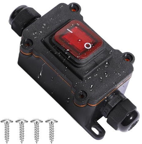 Shengbowi Waterproof Box Inline Cord Switch IP65 DPST Rocker Switch Red Indicator Light 12V 30A Dual Position ON/Off Control Open Double Hole Entry Silver Contact Dust-Proof 2Position Self Locking