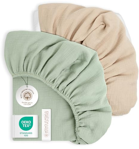 Mimuselina Spannbettlaken 60x120 Baby – 2er-Pack Minibettlaken 120x60 aus 100% weicher, atmungsaktiver Musselin-Baumwolle [Mint + Sand]