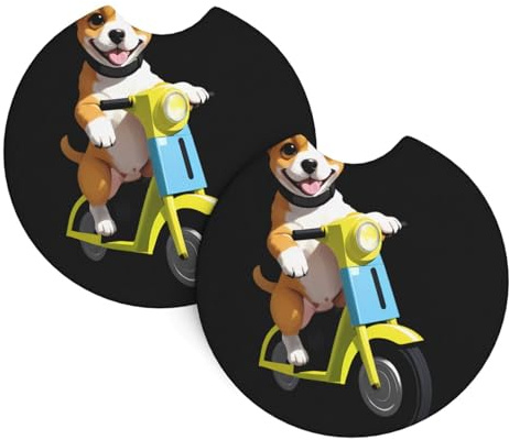 Car Coasters 2 Pack BROLEO Puppy on electric bike Prints Odorless Cup Holder Coasters for All Standard Cup Holders, Perfect for Cars, Trucks, SUVs -2.7 in ﻿