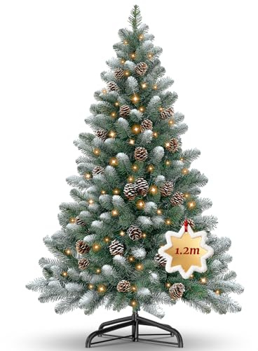 Ferzone Grüner Faltbarer Künstlicher Weihnachtsbaum (120cm) – 200 PVC-Zweige mit Weißem Schnee-Effekt, 100 LED-Beleuchtung & 15 Tannenzapfen, inkl. Metallständer – Für Innen & Außen Nutzung