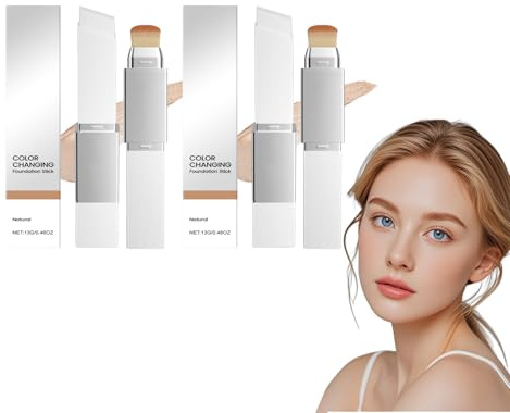 Farbwechselnder Foundation-Stick mit Pinsel - 2-in-1 Adaptive Foundation & Concealer Stick - Volle bis mittlere Deckkraft für alle Hauttypen - lang anhaltendes Make-up mit Pinselkopf (2 STÜCKE)