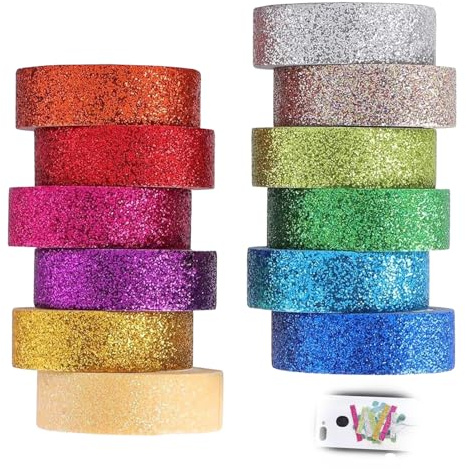 12 Rollen Washi Tape Set, Glitzer Tape Glitter Washi Klebeband Holografisch | Farbenfrohe Auswahl für Ideen, ideal für Scrapbook Journale Verpackung