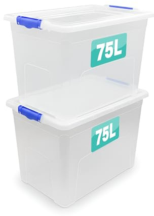 Optimal Products 2 x Storage Boxes With Clip Lock Lids 75 Litre Sturdy Heavy Duty Clear Stackable Lockable Multipurpose Plastic Storage Box Indoor/Outdoor Containers Home,Office,Kitchen,Garage