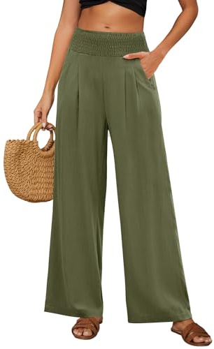 PASUDA Pantaloni Lino Donna Estivi Pantaloni Elastico Vita Alta Larghi Eleganti Pantalone Casual da Spiaggia Comodi Leggeri con Tasche (Verde, M)