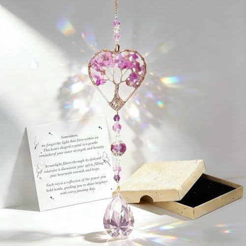 Inspirational Friendship Gift for Women, New Beginnings Gifts for Her Friends Coworkers Her Wife Mom Daughter Sister Aunt, Amethyst Sun Catchers for Windows, Tree of Life Car Hanging Accessory
