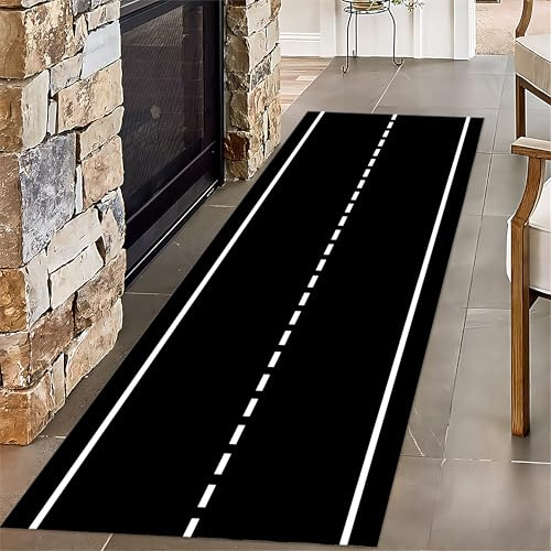 SMXVRC Schwarz Weiß Eisenbahn Straße Flur Teppich Läufer, 60x150cm, Rennen Spur Kinder Spielen Teppiche, Schuppen Resistent Einfach Sauber Teppiche, Waschbar Langlebig Matte für Kinderkrippe