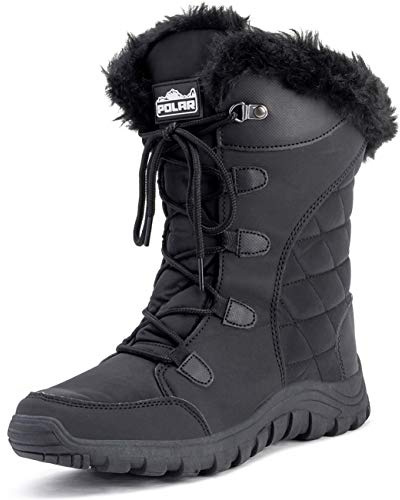 Polar Women’s Quilted Boot Waterproof Winter Snow Boots - Faux Fur Cuff & Lined Mid-Calf Wellies - Warm Insulated Non-Slip Outdoor Walking Footwear - Black - UK3/EU36