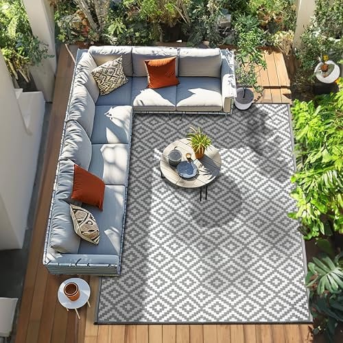 Green Decore Nirvana Outdoor-Teppich, leicht, wendbar, umweltfreundlich, 240 x 300 cm, grau/weiß