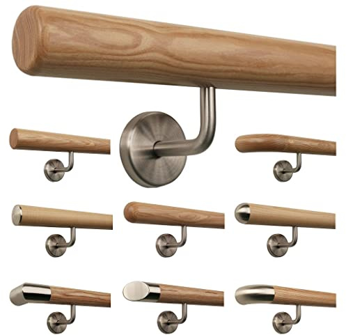 TIBU Esche Holz Handlauf Geländer 0,3m - 6m, Länge 110 cm, Ende Radius gefräst und 2 gewinkelte Halter