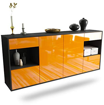 Dekati Sideboard Charleston hängend (180x77x35cm) Korpus anthrazit matt - Front Hochglanz Orange - Push to Open - Leichtlaufschienen