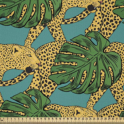 ABAKUHAUS Monstera Satin Stoff als Meterware, Leopard Exotische Blätter, Zum Nähen Toller Stoff für Heimtextilien Aller Art, 3M (148x300cm), Gelb Teal und Grün