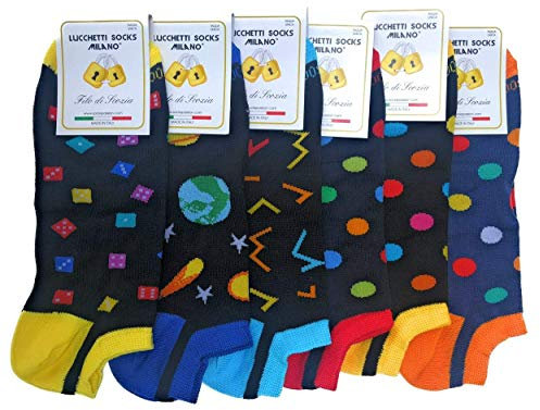 Lucchetti Socks Milano Fantasmini uomo cotone colorati fantasia filo di scozia pois disegni calzini corti alla caviglia made in Italy (Taglia 41-46, Set Summer is magic 6 Paia)