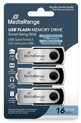 MediaRange USB-Stick USB 2.0 16GB 3er-Pack | 3er-Pack | mit Drehkappe | Plug & Play | für Windows, macOS & Linux