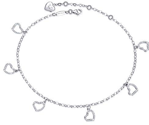 Bracelet de cheville femme 925 Argent sterling amour infini Bracelet de cheville fleur rose Or blanc plaqué Bracelet de cheville diamant CZ Fête des mères Cadeau pour les femmes fille (Z-diamant cœur)