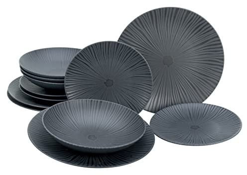 CreaTable, 23211, Serie VESUVIO black, 12-teiliges Geschirrset, Tafelservice aus Steinzeug, spülmaschinen- und mikrowellengeeignet, Made in Portugal