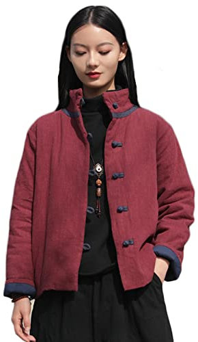 NFYM Veste courte matelassée légère à col montant pour femme - Vêtement d'extérieur en coton et lin rembourré de style chinois (rouge vin, taille unique)