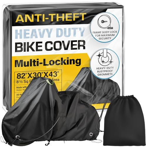 Waterproof Bicycle Cover for Outdoor Storage - Fits 1 or 2 Mountain, Road, Electric Bikes - Anti Theft Lock Holes for Frame Body & Wheels - Premium Heavy Duty Ripstop Fabric. For Rain or Snow.