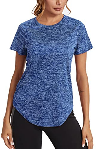 Wayleb Sports Tops for Women Crew Neck Yoga Tops Ladies Workout Running Activewear Short Sleeve Tee Shirts for Womens Dark Blue