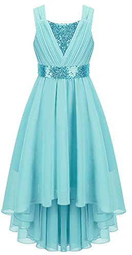 iEFiEL Mädchen Festliches Glitzer Kleid mit Pailletten - Hochzeit Blumenmädchen Prinzessin Vokuhila Cocktail Partykleid - Türkis 122-128