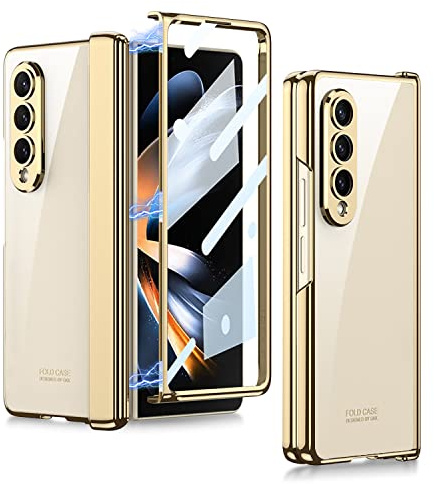 Custodia con Placcatura Trasparente per Samsung Galaxy Z Fold 4 con Protezione per lo Schermo e Cerniera Magnetica Protettiva, Antiurto Anti Giallo Crystal Clear Cover per Samsung Z Fold 4 (Oro)